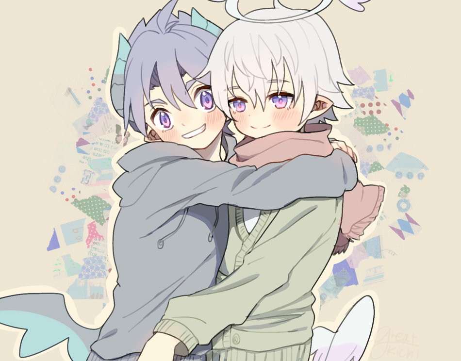 angel angel_wings bad_id bad_pixiv_id blue_hair blush cardigan demon_boy demon_wings great_kichi grin halo hood hoodie horns hug looking_at_viewer low_wings luke_venus male_focus mini_wings multiple_boys pointy_ears pop-up_story purple_eyes scarf silver_hair smile wings ziz_glover