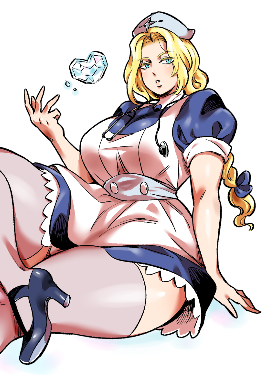 1girl alternate_costume alternate_hairstyle blonde_hair blue_dress blue_eyes blue_footwear blue_ribbon braid braided_ponytail breasts buttons doboshiru dress hat high_heels highres ice kolin large_breasts lips long_hair nurse nurse_cap parted_lips ribbon simple_background skirt stethoscope street_fighter street_fighter_v thick_thighs thighhighs thighs white_background white_thighhighs wide_hips