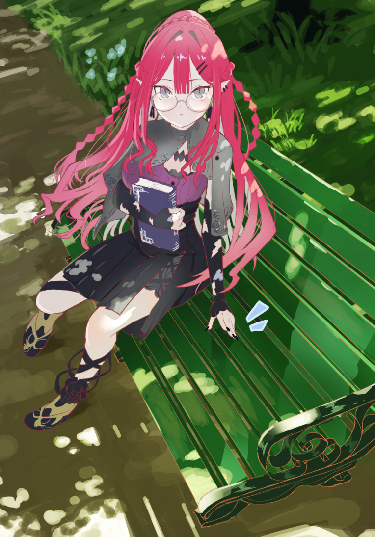 1girl baobhan_sith_(fate) baobhan_sith_(swimsuit_pretender)_(fate) baobhan_sith_(swimsuit_pretender)_(second_ascension)_(fate) bench black_nails black_skirt breasts capelet detached_sleeves ear_piercing earrings fate/grand_order fate_(series) grey_capelet grey_eyes jewelry long_hair looking_at_viewer park_bench piercing pink_hair pointy_ears pov preoridrummer round_eyewear sidelocks sitting skirt solo