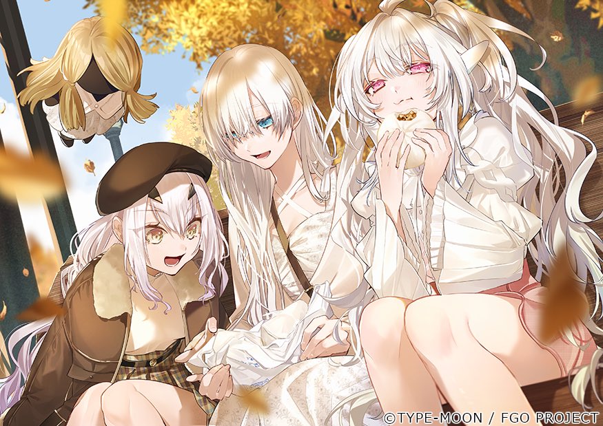 3girls ahoge anastasia_(fate) autumn blue_eyes breasts brown_jacket brown_skirt cleavage closed_mouth dim_sum doll dress eating fate/grand_order fate_(series) forked_eyebrows hair_over_one_eye hino_hinako jacket large_breasts long_hair long_sleeves medium_breasts melusine_(fate) merlin_(fate/prototype) miniskirt multiple_girls open_mouth pink_skirt pointy_ears red_eyes shirt sidelocks sitting skirt small_breasts smile thighs very_long_hair viy_(fate) white_dress white_hair white_shirt yellow_eyes