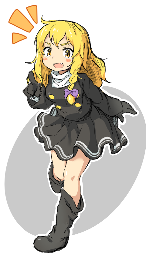 1girl :d berazasu black_boots black_coat black_gloves black_skirt blonde_hair blush blush_stickers boots bow braid buttons coat commentary cookie_(touhou) fang full_body gloves grey_background hair_bow kirisame_marisa long_hair looking_at_viewer notice_lines open_mouth rei_(cookie) side_braid single_braid skirt smile solo touhou v-shaped_eyebrows white_background