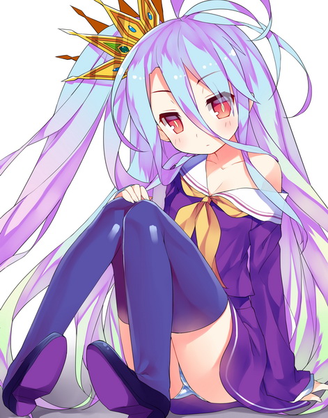 10s 1girl blue_hair blue_thighhighs blush crown female_focus gradient_hair looking_at_viewer multicolored_hair no_game_no_life off_shoulder panties pantyshot purple_hair red_eyes saru school_uniform serafuku shiro_(no_game_no_life) sitting solo striped_clothes striped_panties thighhighs underwear