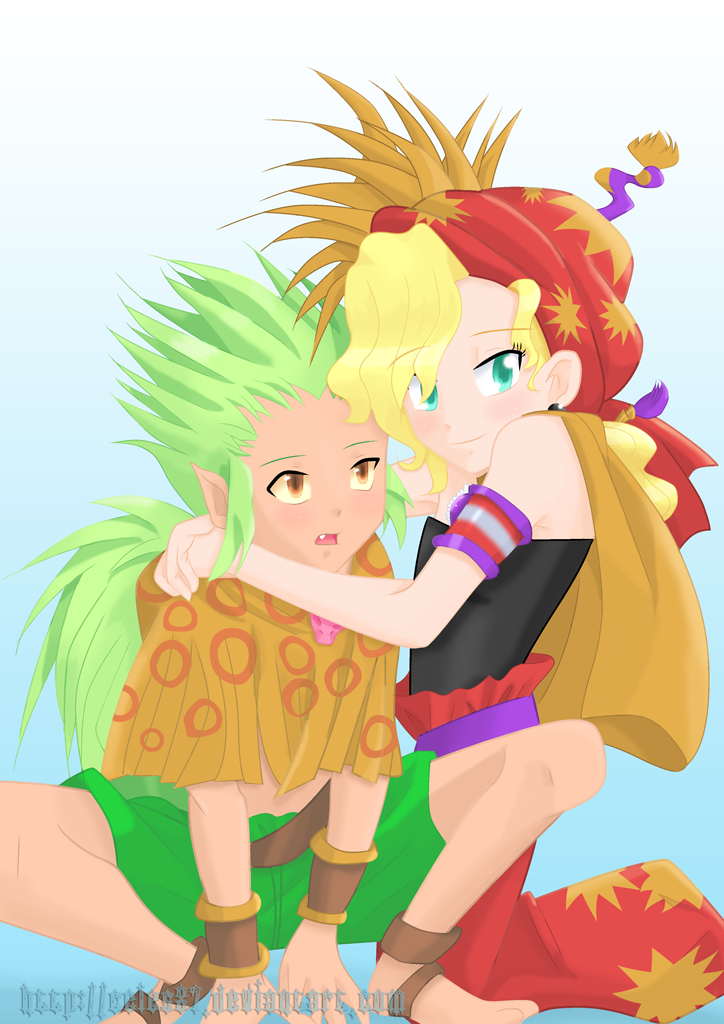 1boy 1girl ankle_wrap bandana bare_shoulders barefoot blonde_hair blue_background blue_eyes blush bracelet brown_eyes capelet child earrings emblem fang final_fantasy final_fantasy_vi full_body gau green_hair green_shorts hat jewelry looking_at_viewer male_focus open_mouth pants pointy_ears ponytail red_pants relm_arrowny shawl short_hair short_hair_with_long_locks shorts sidelocks sitting smile solo sparkle squatting star_(symbol) star_print strapless tube_top watermark yellow_capelet