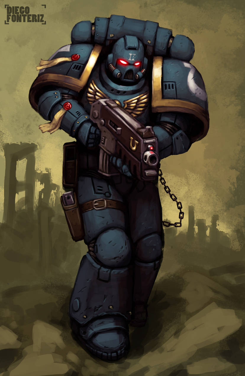 1boy adeptus_astartes armor armored_boots artist_name bolter boots chain commentary english_commentary fonteart full_armor full_body glowing glowing_eyes green_sky gun helmet highres holding holding_gun holding_weapon outdoors red_eyes science_fiction sky solo standing ultramarines warhammer_40k weapon