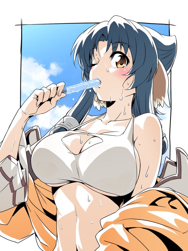 1girl ainu_clothes animal_ears aquaplus arm_up atuy bare_shoulders blue_hair blush breasts cleavage cleavage_cutout clothing_cutout collarbone crop_top fingernails food from_side large_breasts looking_at_viewer off_shoulder one_eye_closed open_clothes orange_eyes parted_bangs popsicle raised_eyebrows short_hair_with_long_locks sideboob sleeveless solo sweat sweatdrop toned toned_female toned_stomach underboob upper_body utawarerumono utawarerumono:_itsuwari_no_kamen wakoudo