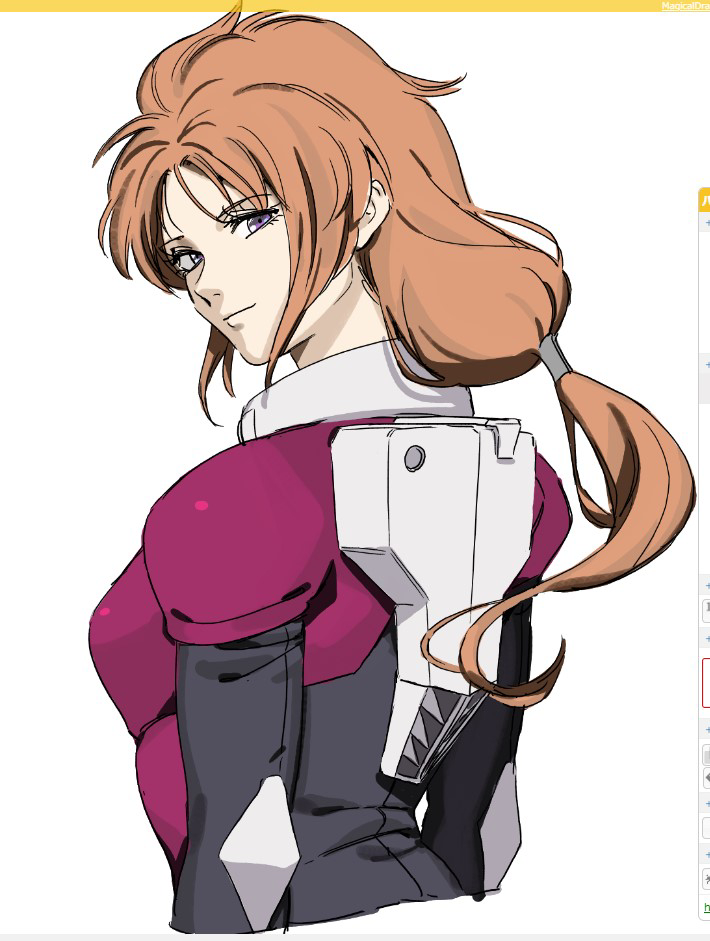 1girl back bodysuit breasts brown_hair gundam gundam_unicorn long_hair looking_at_viewer marida_cruz ponytail purple_eyes rasupekuto smile solo upper_body