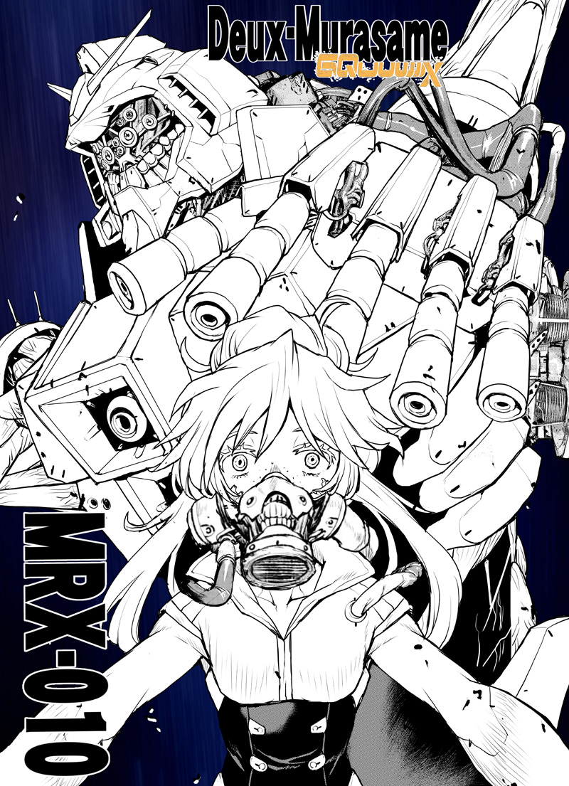 1girl character_name copyright_name deux_murasame finger_cannon freckles gundam gundam_gquuuuuux hair_between_eyes hair_bun long_hair looking_at_viewer mask mecha mecha_pilot_suit mobile_suit mouth_mask normal_suit_(gundam) psycho_gundam_(gquuuuuux) robot science_fiction straight-on takuma_tomomasa thick_eyelashes upper_body v-fin