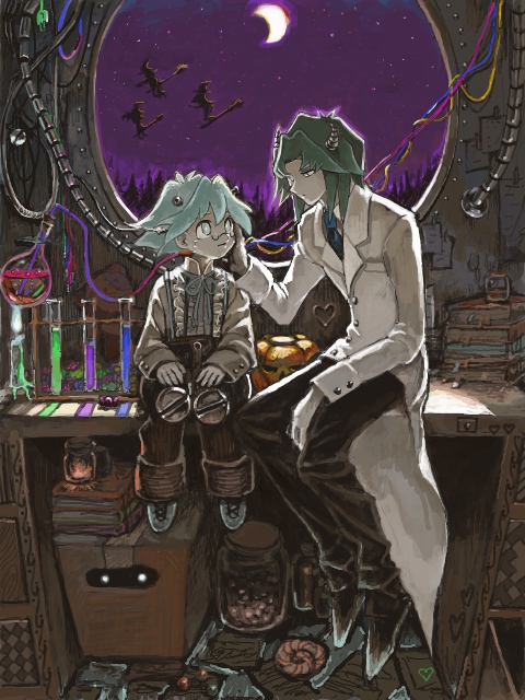 2boys beaker black_pants blue_eyes blue_necktie brothers dress_shirt glasses green_hair grey_shirt long_sleeves male_focus marufuji_ryo marufuji_sho moiko moon multiple_boys necktie night night_sky pants pumpkin shirt siblings sitting sky star_(sky) tree vial yu-gi-oh! yu-gi-oh!_gx