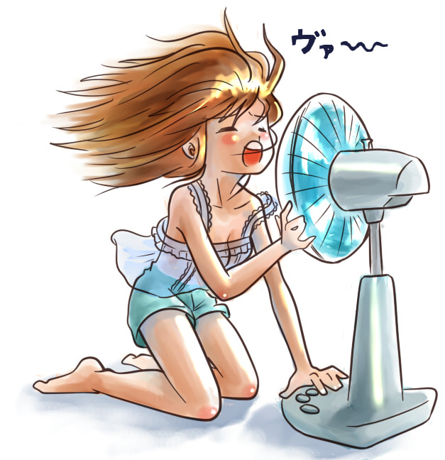 1girl barefoot brown_hair closed_eyes electric_fan fanning_face female_focus long_hair matirine open_mouth original solo talking_into_fan va_(phrase) wind