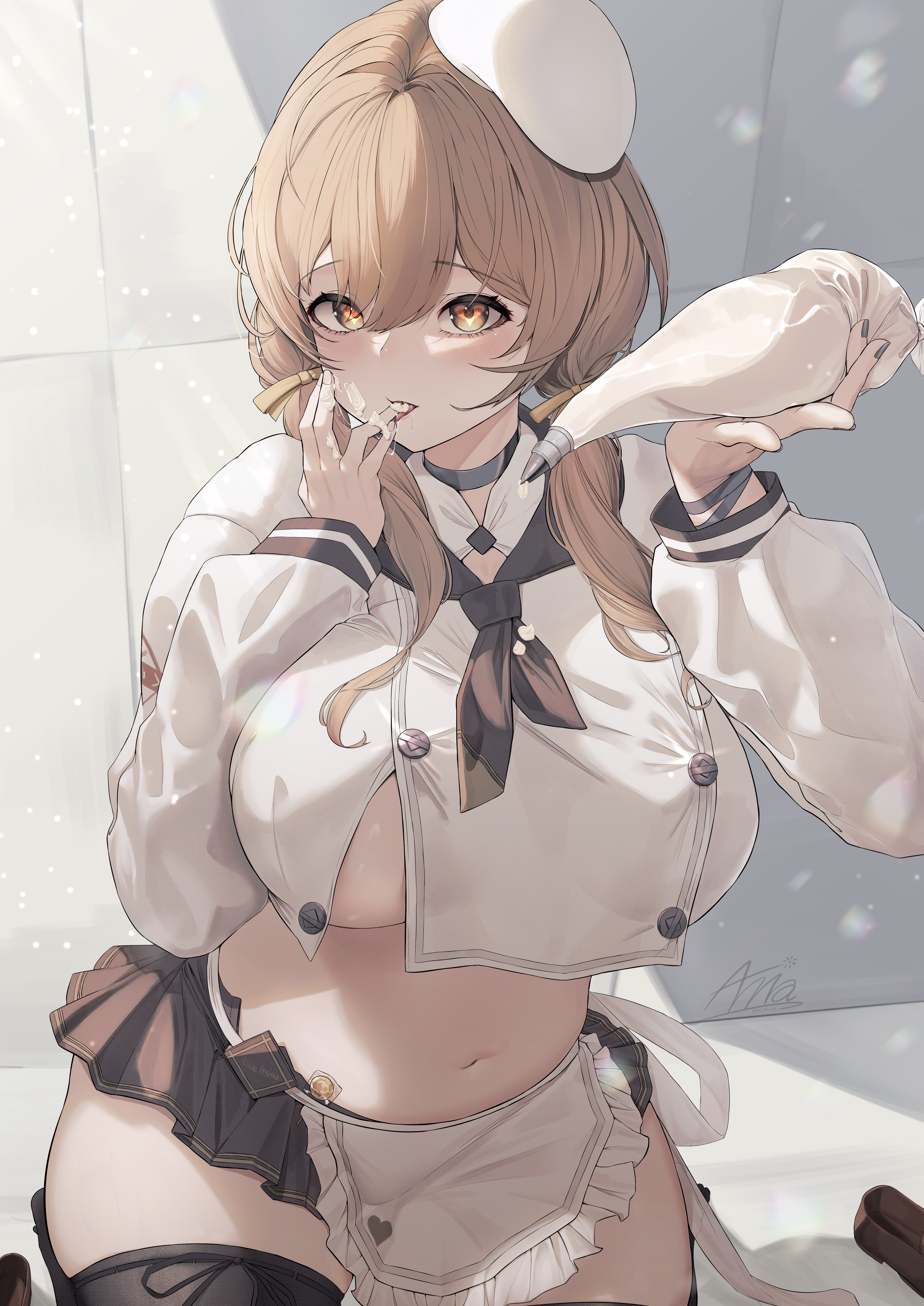 1girl absurdres annasui_factory apron artist_name bag beret black_neckerchief black_thighhighs bready_(nikke) breasts brown_eyes brown_hair brown_ribbon candy candy_wrapper choker cowboy_shot cream cream_on_face crop_top crop_top_overhang cropped_shirt double-parted_bangs english_text food food_on_face goddess_of_victory:_nikke grey_choker grey_nails grey_skirt hair_over_shoulder hair_ribbon hands_up hat heart heart_in_eye highres holding holding_bag large_breasts licking licking_finger light_blush long_bangs long_hair long_sleeves looking_at_viewer low_twintails microskirt nail_polish navel neckerchief no_bra partially_unbuttoned pastry_bag pleated_skirt plump ribbon saliva saliva_trail sexually_suggestive shirt signature skirt solo stomach symbol_in_eye thighhighs tongue tongue_out twintails variant_set waist_apron white_apron white_hat white_shirt wristband zettai_ryouiki