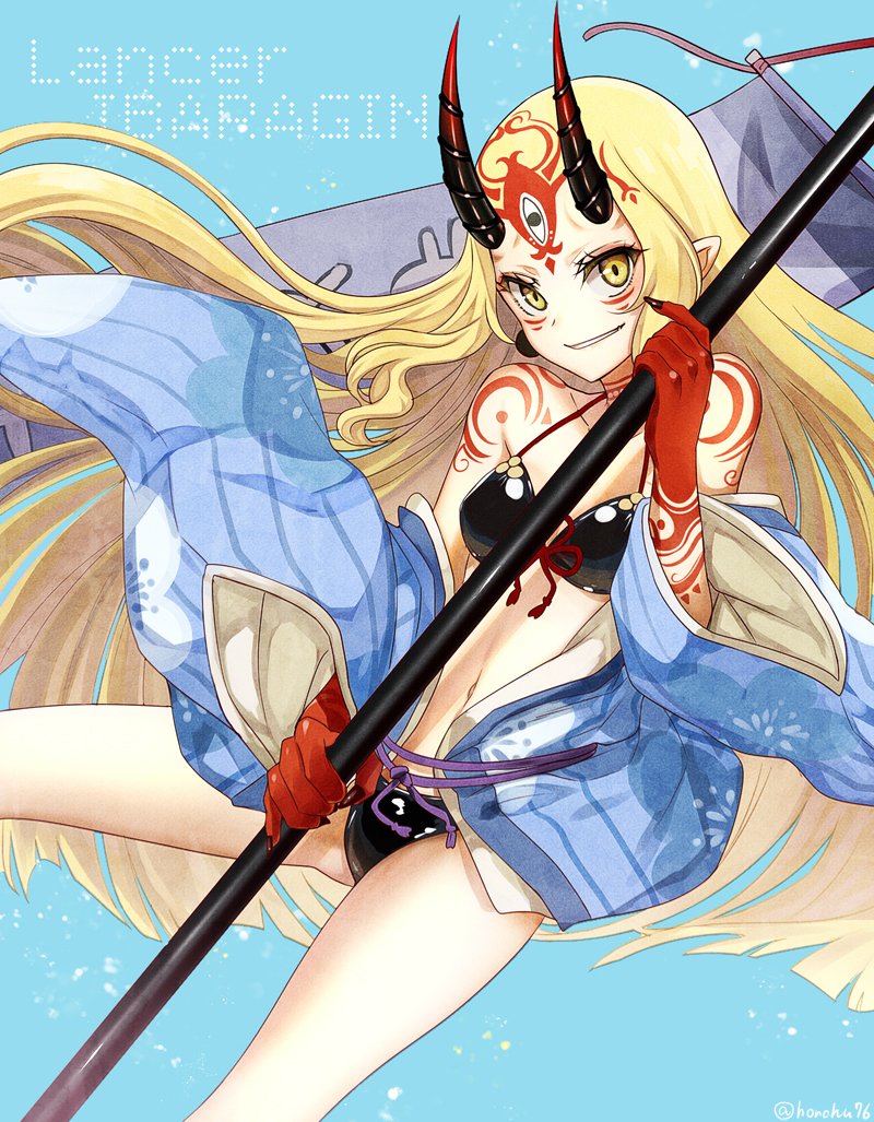 1girl banner bikini black_bikini blonde_hair blue_background fate/grand_order fate_(series) fingernails honchu horns ibaraki_douji_(fate) ibaraki_douji_(fate/grand_order) ibaraki_douji_(swimsuit_lancer)_(fate) ibaraki_douji_(swimsuit_lancer)_(first_ascension)_(fate) long_hair navel oni_horns pointy_ears sharp_fingernails swimsuit tattoo twitter_username yellow_eyes