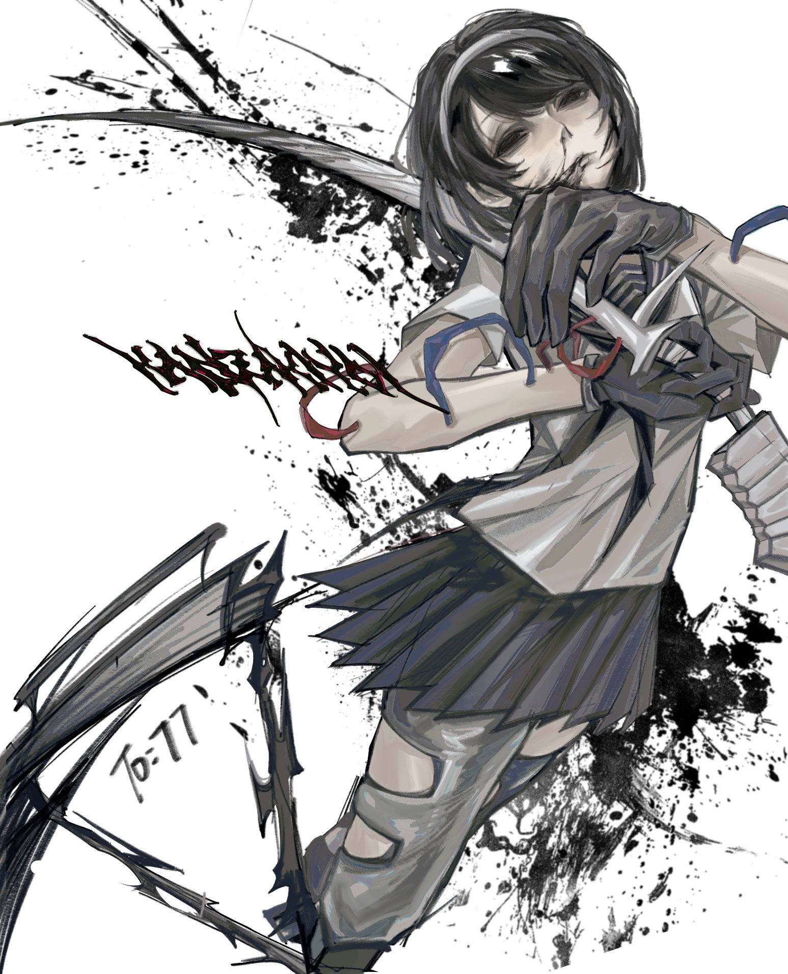 1girl aynm010330 black_blood black_hair black_skirt blood borrowed_character empty_eyes hairband highres large_hands leg_blade monster_girl original pale_skin pleated_skirt school_uniform short_hair skirt solo white_background white_hairband