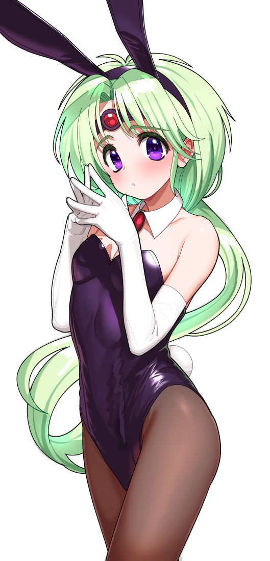 1girl animal_ears bare_shoulders black_hairband blush breasts brooch brown_pantyhose closed_mouth collar commentary_request detached_collar elbow_gloves fake_animal_ears gloves green_hair hairband haou_taikei_ryuu_knight jewelry leotard long_hair looking_at_viewer paffy_pafuricia pantyhose parted_bangs pettan_p playboy_bunny purple_eyes purple_leotard rabbit_ears rabbit_tail simple_background small_breasts solo steepled_fingers strapless strapless_leotard tail very_long_hair white_background white_collar white_gloves wing_collar