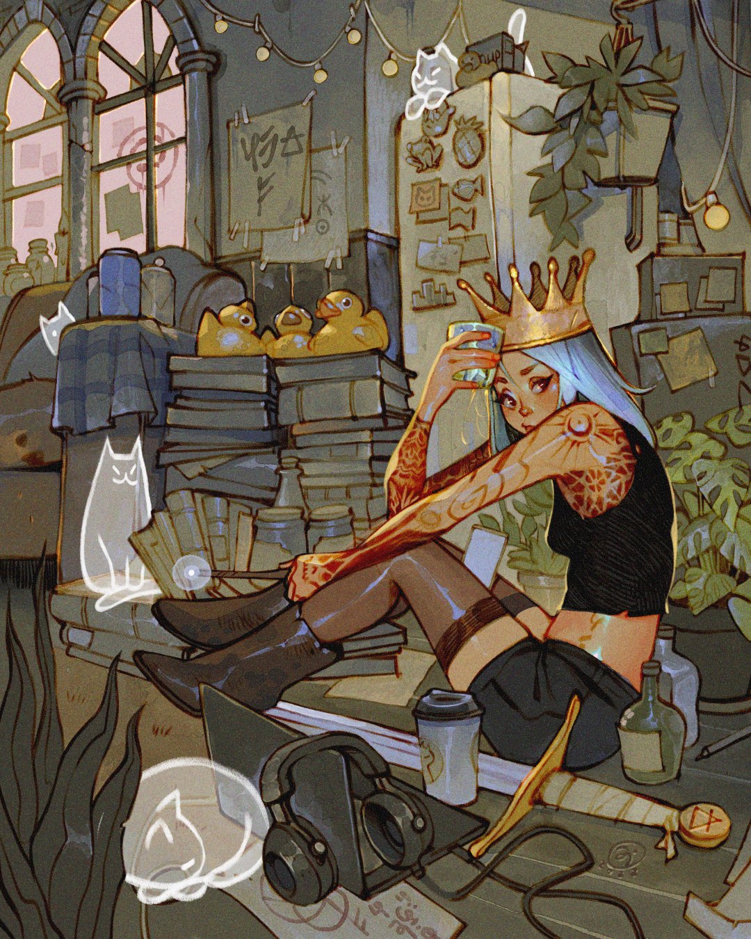 1girl absurdly_detailed_composition arm_tattoo artist_logo between_thighs black_boots black_shirt black_shorts black_thighhighs blanket blue_hair book book_stack boots cat cellphone chest_tattoo closed_mouth computer couch crop_top crown cup dated disposable_coffee_cup disposable_cup drinking_glass full_body ghost glowing gold_crown hand_tattoo hanging_plant headphones headphones_removed highres holding holding_cup holding_wand indoors jar knees_up laptop loaded_interior logo long_hair long_sword looking_at_viewer magnet original paper phone plaid_blanket plant potted_plant red_tattoo refrigerator refrigerator_magnet rubber_duck rug runes shirt short_shorts shorts simz sitting sleeveless sleeveless_shirt smartphone solo string_of_light_bulbs tattoo thighhighs wand window wooden_floor