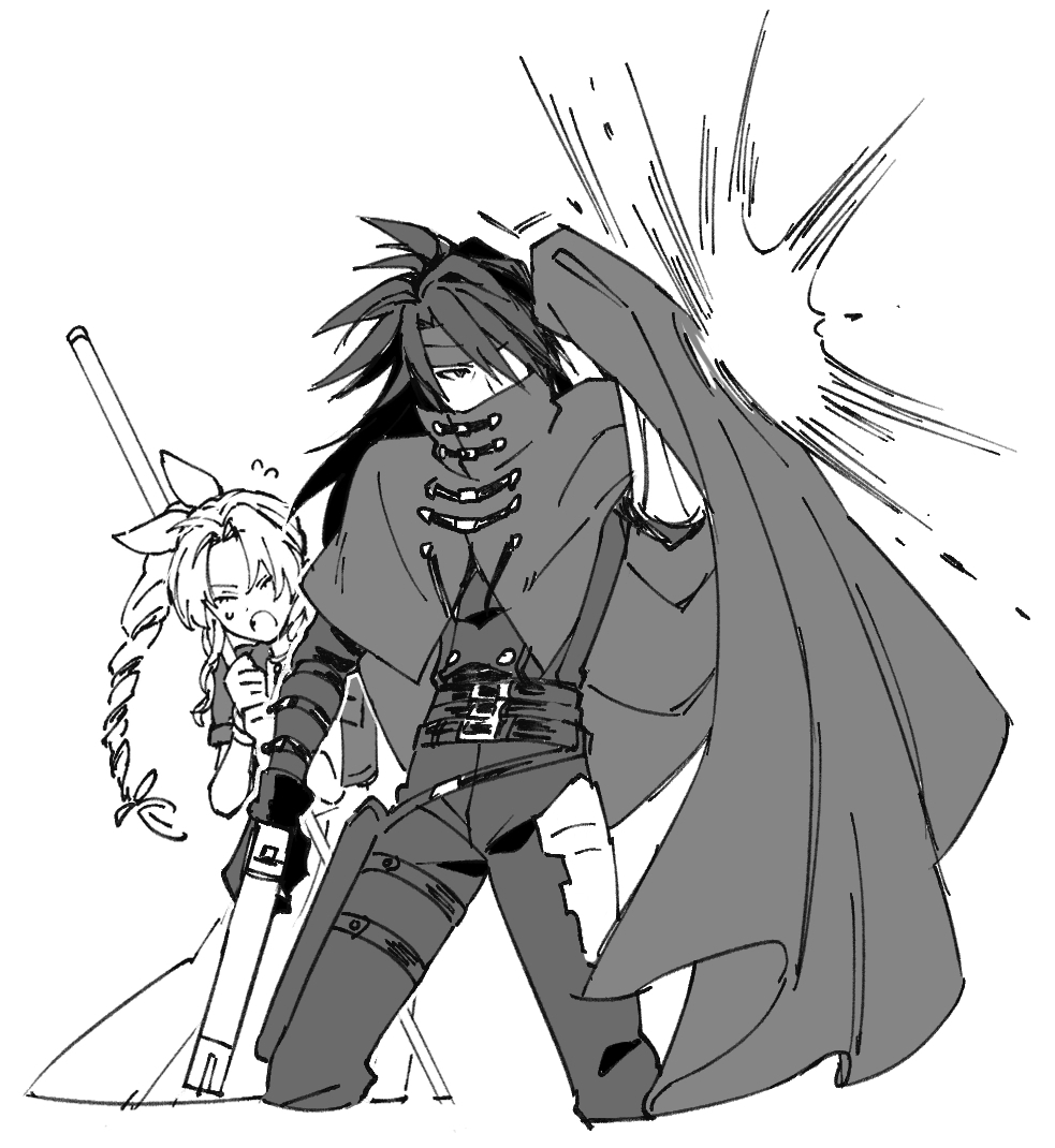 1782seta 1boy 1girl aerith_gainsborough battle belt belt_buckle black_hair black_panties black_shirt braid braided_ponytail buckle cloak closed_eyes cropped_legs dress final_fantasy final_fantasy_vii final_fantasy_vii_rebirth final_fantasy_vii_remake greyscale gun hair_between_eyes hair_ribbon handgun headband holding holding_gun holding_staff holding_weapon holster long_dress long_hair monochrome multiple_belts open_mouth panties parted_bangs protecting ribbon shielding shirt short_sleeves sidelocks single_bare_shoulder staff sweatdrop thigh_holster underwear vincent_valentine weapon white_background