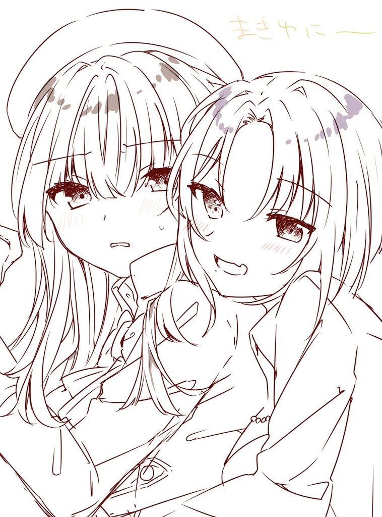 2girls assault_lily benini beret blush bow bowtie cheek-to-cheek commentary_request fang greyscale hair_between_eyes hand_up hat head_on_another&#039;s_shoulder heads_together herensuge_girls_academy_school_uniform hug hug_from_behind jacket kagawa_makina long_hair long_sleeves looking_at_another looking_at_viewer mole mole_under_mouth monochrome morimoto_yuni multiple_girls open_mouth parted_bangs parted_lips school_uniform short_hair simple_background skin_fang spot_color sweatdrop translated upper_body white_background yuri