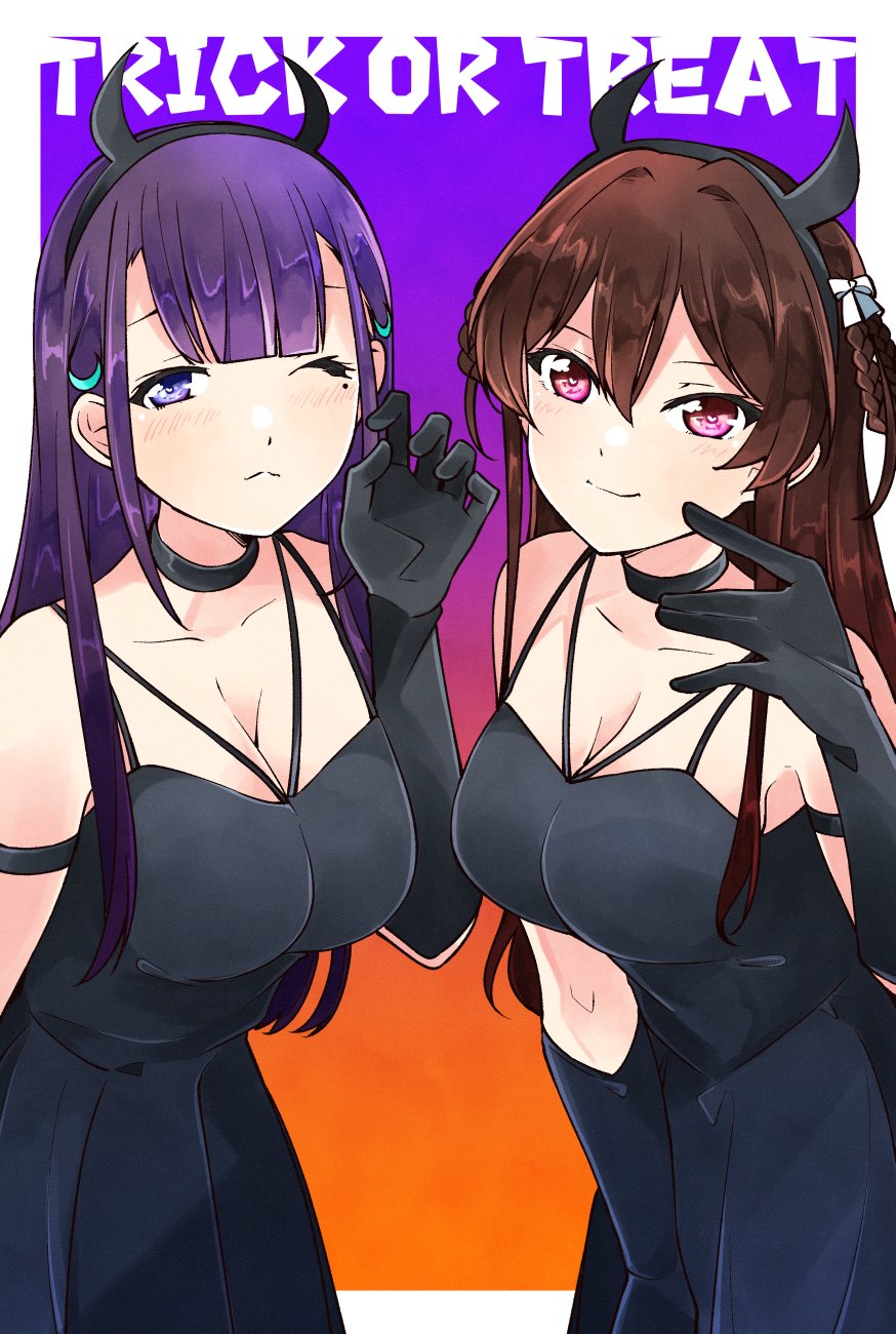 22/7 2girls belt black_belt black_dress black_hairband border bow braid braided_hair_rings breasts brown_eyes brown_hair center-flap_bangs cleavage closed_mouth collarbone dress fanged_bangs hair_between_eyes hair_bow hair_ornament hair_rings hairband halloween halloween_costume highres ichinose_hotaru long_hair looking_at_viewer mole mole_under_eye multiple_girls one_eye_closed outside_border purple_eyes purple_hair sidelocks sleeveless sleeveless_dress smile standing tachikawa_ayaka trefle_r trick_or_treat twin_braids two_side_up white_border white_bow
