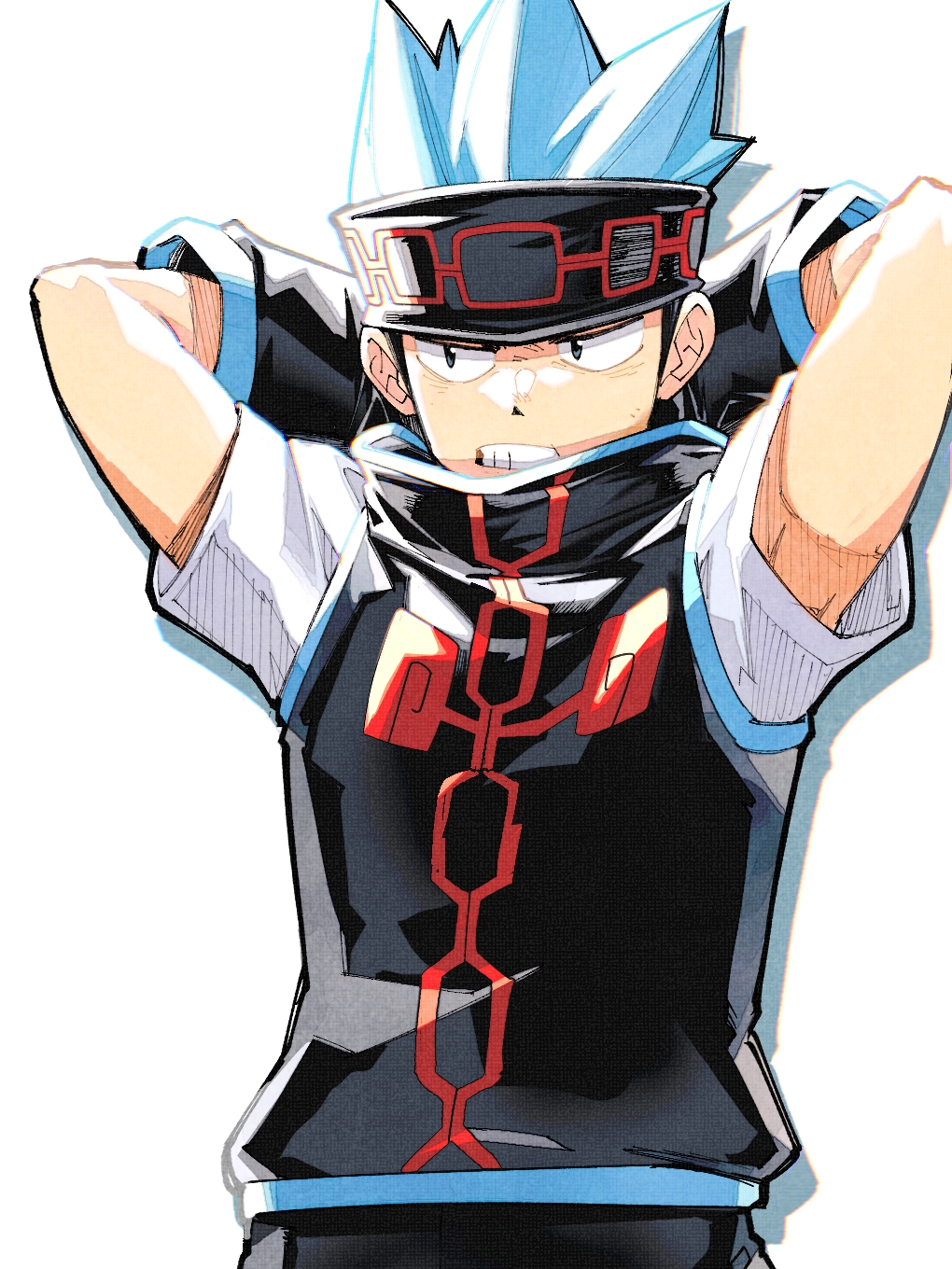 1boy arms_behind_head black_eyes black_headband black_shirt blue_hair cowboy_shot headband highres light_blue_hair male_focus shaman_king shirt simple_background sleeveless sleeveless_shirt solo takeuchi_(a3) usui_horokeu white_background white_shirt