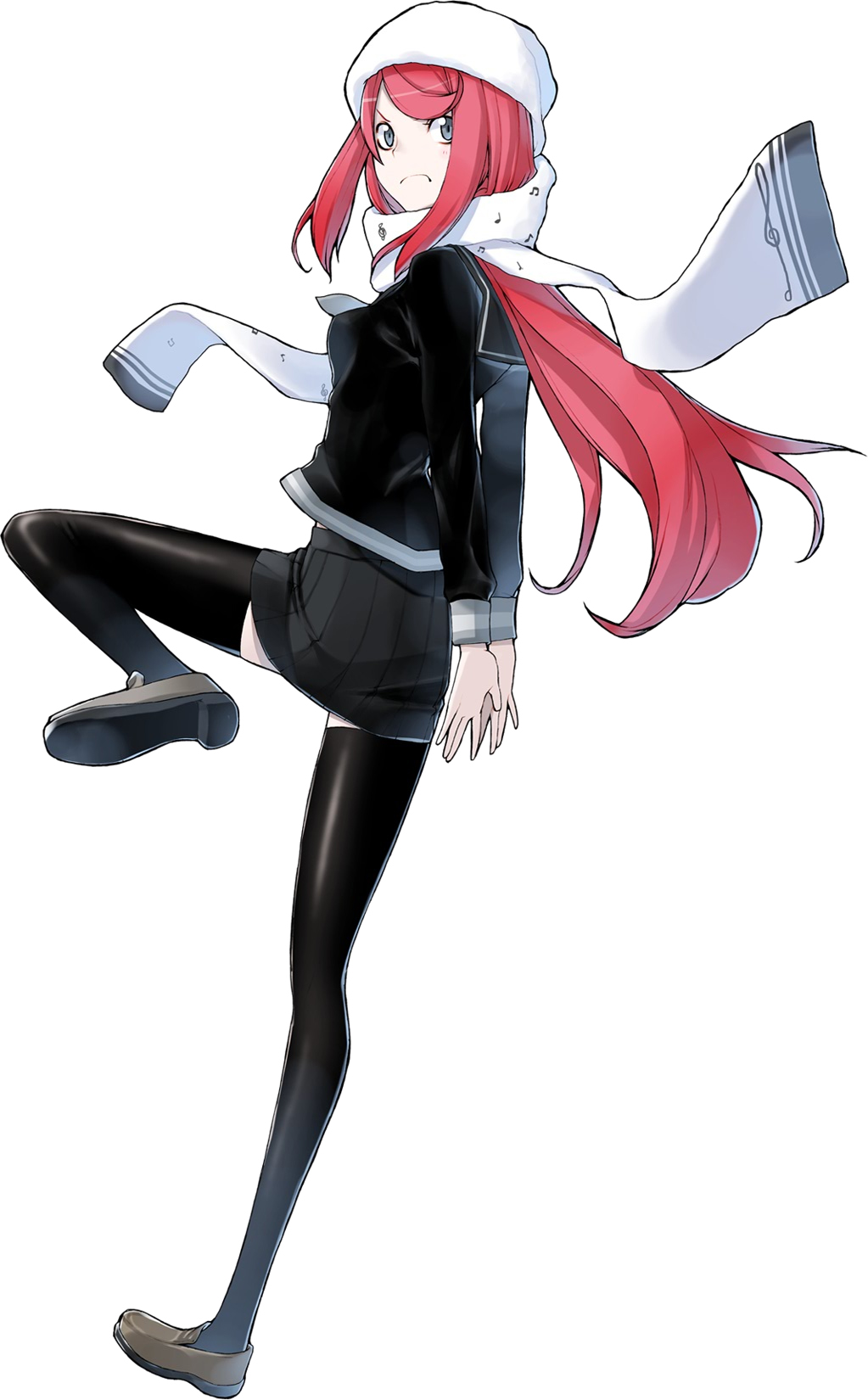 10s 1girl angry arms_behind_back ban_airi beamed_quavers beanie black_thighhighs devil_survivor_(series) devil_survivor_2 female_focus frown full_body grey_eyes hat highres long_hair looking_back musical_note musical_note_print official_art quaver red_hair scarf school_uniform shin_megami_tensei shoes skirt solo standing standing_on_one_leg thighhighs treble_clef white_background yasuda_suzuhito