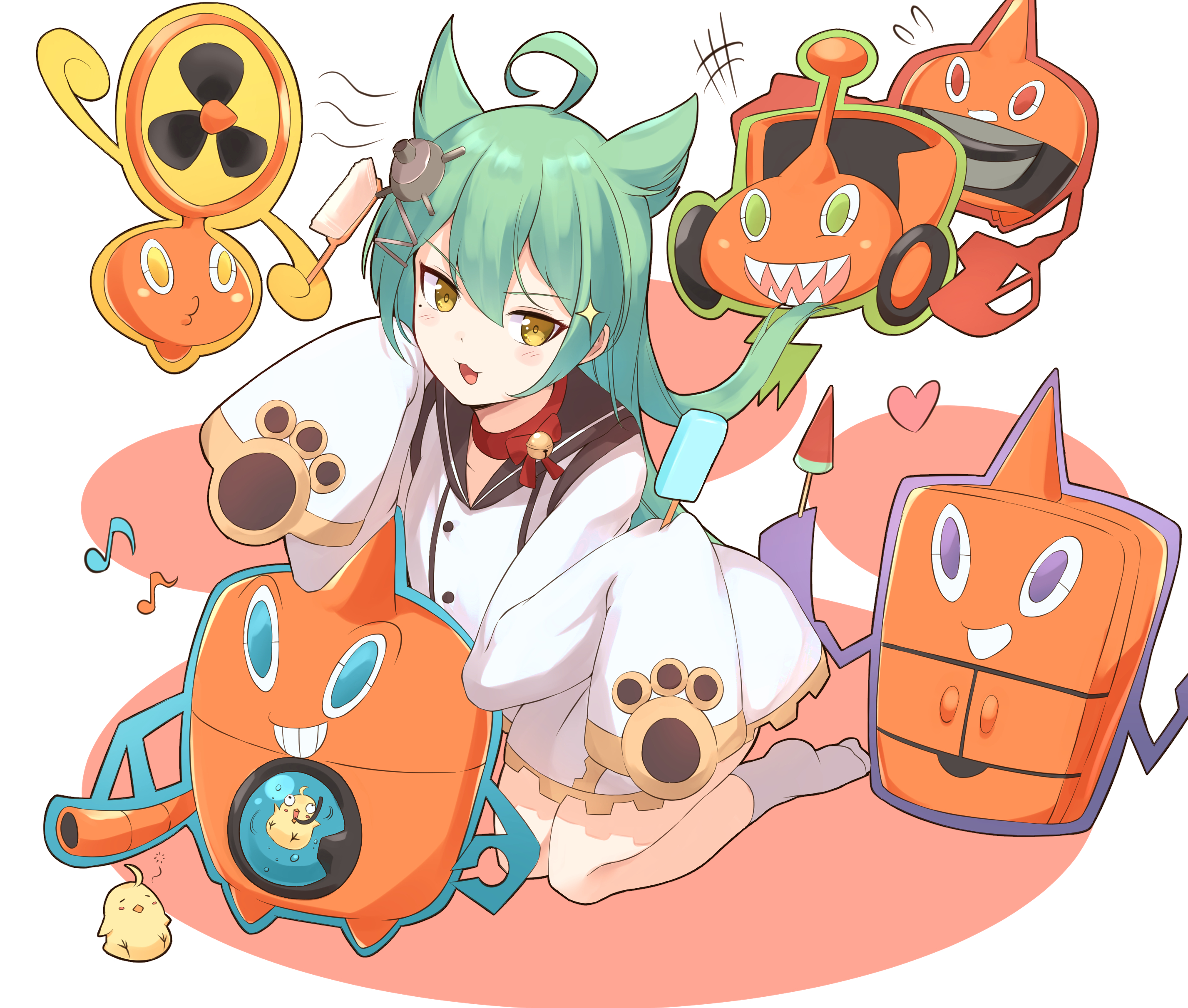 1girl absurdres ahoge akashi_(azur_lane) azur_lane bell bird blush chick commentary_request crossover gen_4_pokemon green_hair grey_legwear hair_between_eyes hair_ornament haneramu heart highres long_hair long_sleeves manjuu_(azur_lane) musical_note nintendo open_mouth pokemon pokemon_(creature) rotom rotom_(fan) rotom_(frost) rotom_(heat) rotom_(mow) rotom_(wash) sleeves_past_fingers sleeves_past_wrists socks sparkle tongue yellow_eyes