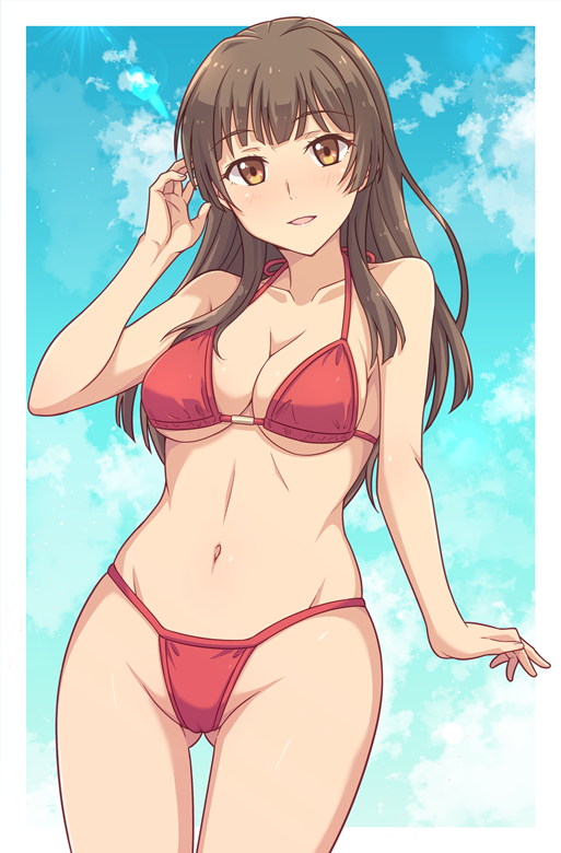 1girl bikini blue_sky border breasts brown_eyes brown_hair cleavage cloud collarbone commentary_request cowboy_shot day e20 gluteal_fold hand_up long_hair looking_at_viewer medium_breasts miyama_tsubame outside_border parted_lips red_bikini school_girl_strikers second-party_source sky solo standing swimsuit thigh_gap tongue white_border