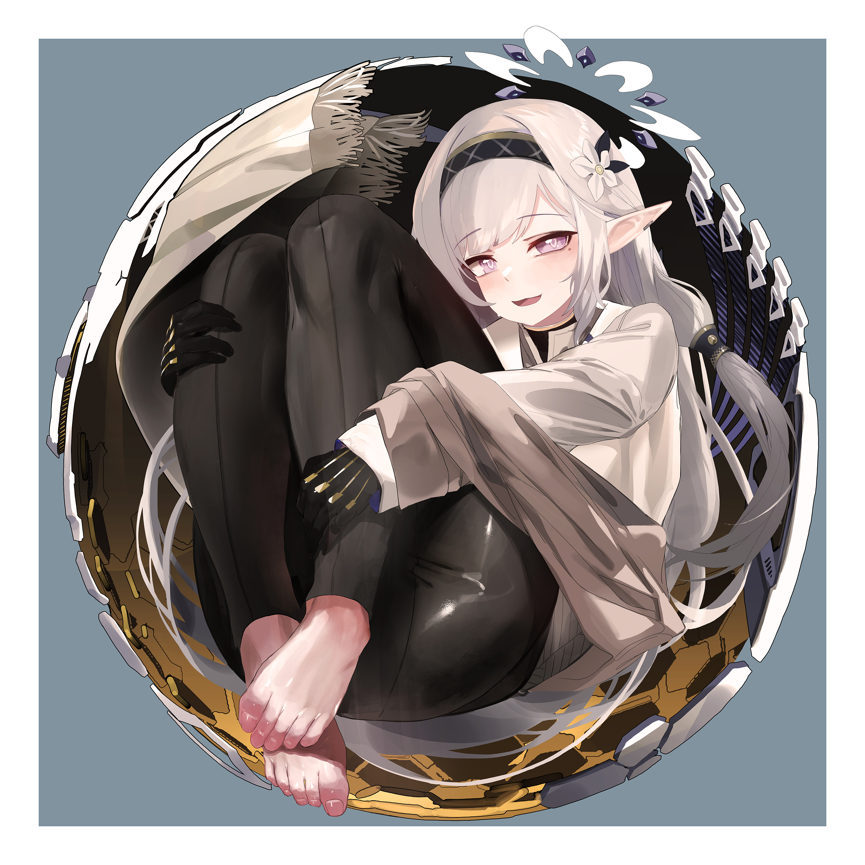 1girl absurdres barefoot black_gloves black_hairband black_pants blue_archive feet flower full_body gloves grey_hair hair_flower hair_ornament hair_tubes hairband halo highres himari_(blue_archive) long_hair long_sleeves looking_at_viewer mo_ne mole mole_under_eye open_mouth pants pointy_ears purple_eyes solo