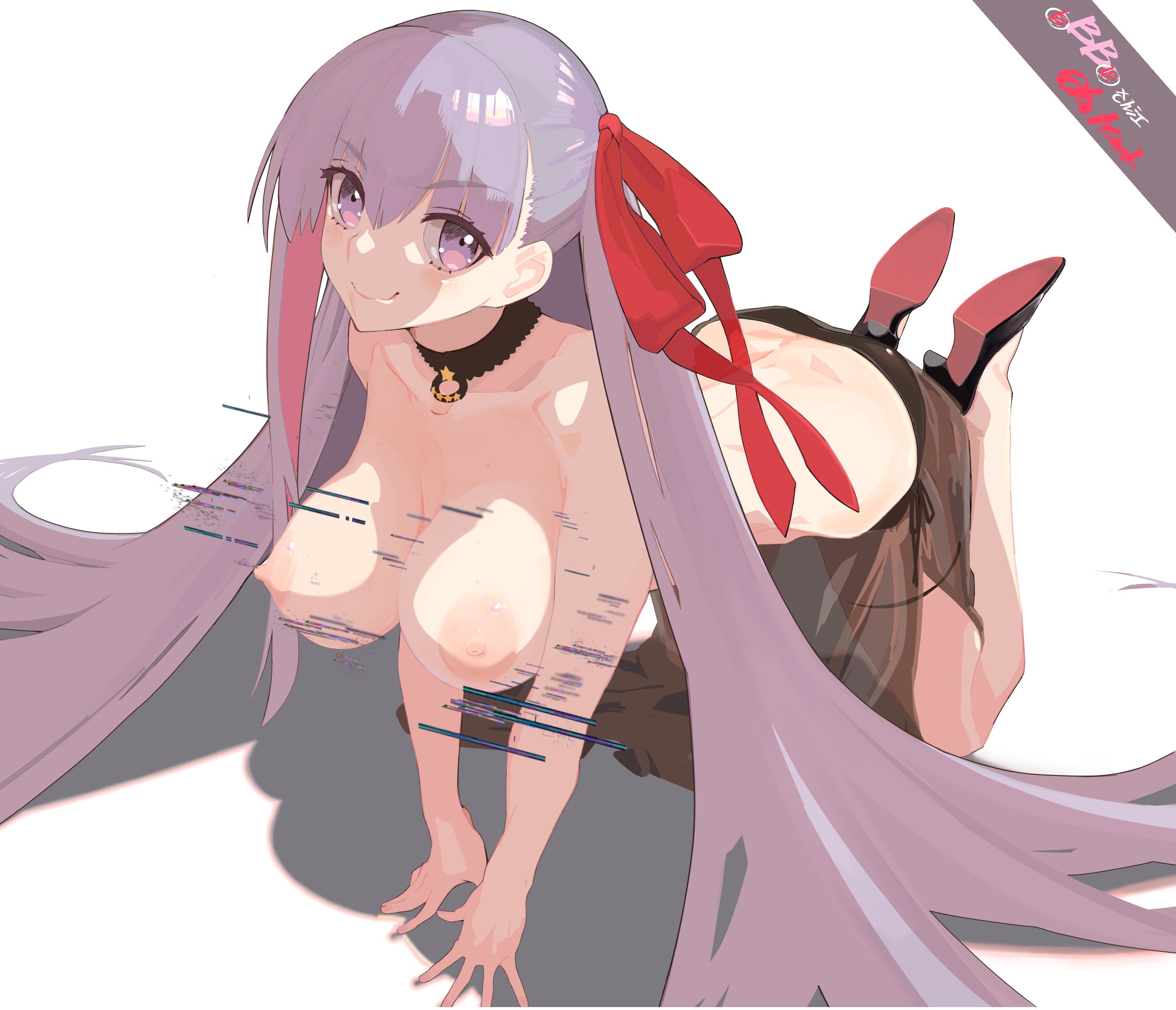 1girl absurdres all_fours bare_shoulders bb_(fate) bb_(fate/extra) bikini black_bikini blush breasts collarbone fate/extra fate/extra_ccc fate_(series) hair_ribbon high_heels highres large_breasts long_hair looking_at_viewer nipples purple_eyes purple_hair red_ribbon ribbon sarong smile solo swimsuit topless_female very_long_hair wr_(karakusa_senbei)