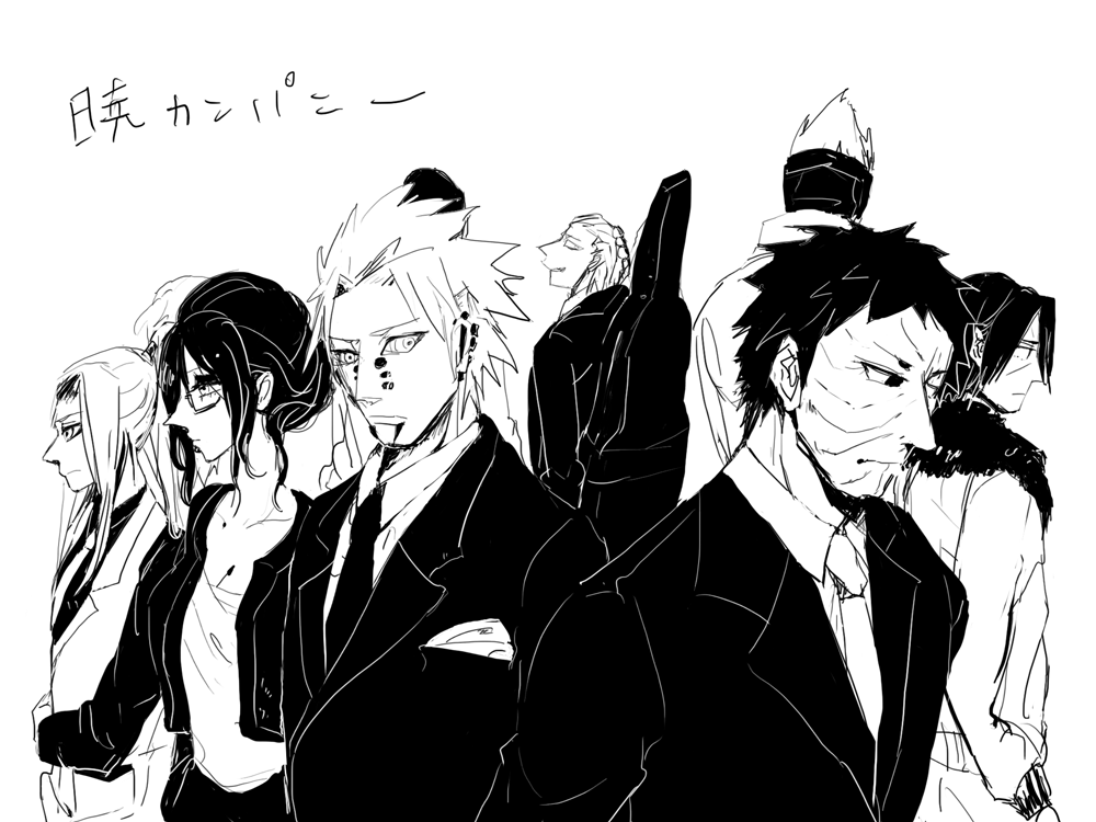 1girl 6+boys breasts closed_mouth deidara_(naruto) formal_clothes glasses hidan_(naruto) hoshigaki_kisame kakuzu_(naruto) katouko konan_(naruto) long_hair long_sleeves monochrome multiple_boys naruto_(series) naruto_shippuuden pain_(naruto) piercing scar scar_on_face short_hair spiked_hair uchiha_itachi uchiha_obito