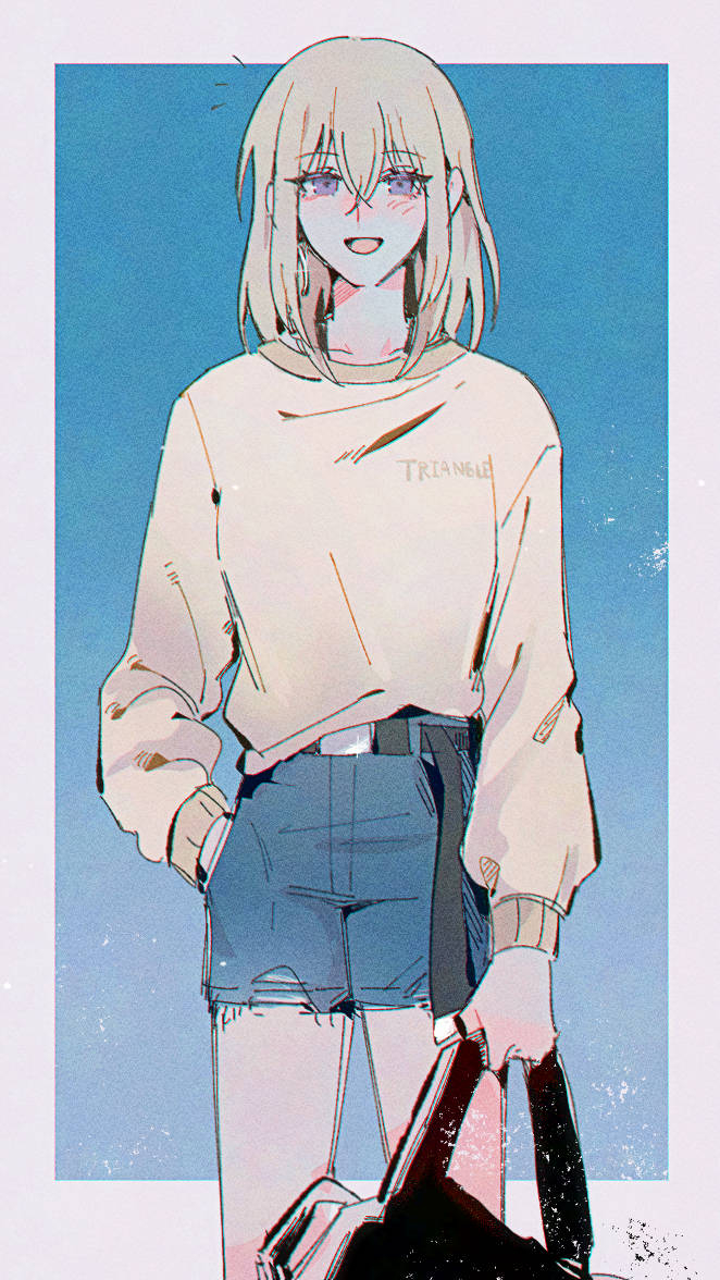 1girl bang_dream! bang_dream!_it&#039;s_mygo!!!!! black_bag blonde_hair blue_background blue_shorts blush border brown_sweater commentary glint hair_between_eyes hand_in_pocket maybecrosswise medium_hair misumi_uika open_mouth outside_border purple_eyes shorts solo sweater white_border