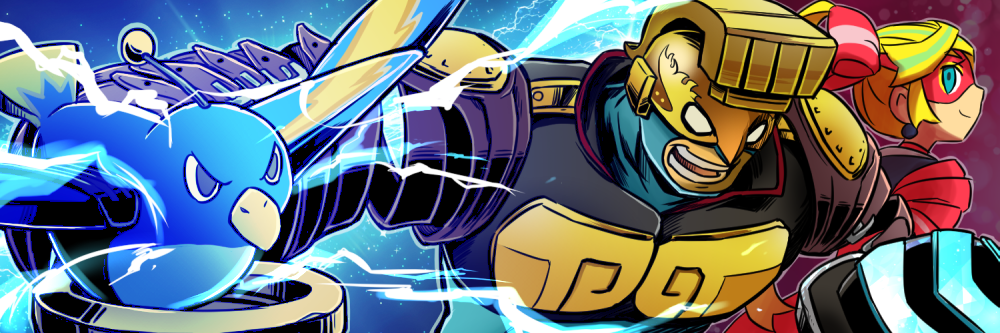 1boy 1girl arms_(game) blonde_hair blue_background blue_eyes domino_mask energy helmet hitohito looking_at_viewer mask max_brass nintendo open_mouth ribbon_girl_(arms) smile thunderbird_(arms) upper_body