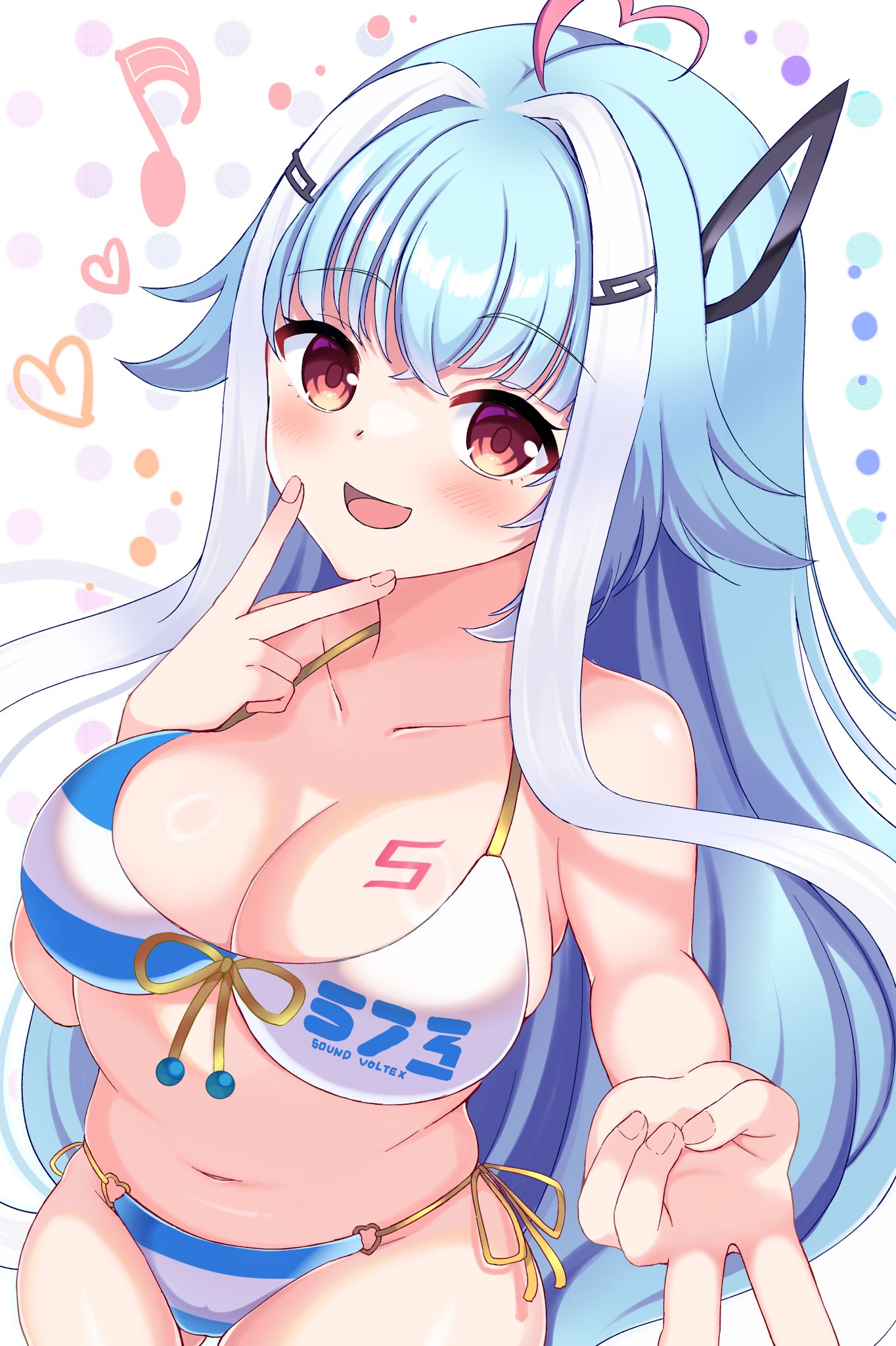 1girl bemani bikini blue_hair blush breasts cleavage clothes_writing collarbone double_v hair_ornament heart highres ichika_(bemani) large_breasts long_hair looking_at_viewer musical_note navel open_mouth sen_chan_(akane1023) smile solo sound_voltex striped_bikini striped_clothes swimsuit v