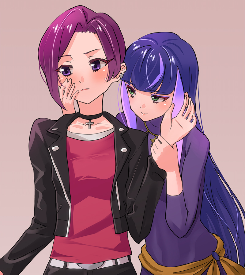 10s 2girls aikatsu!_(series) aikatsu_stars! bad_id bad_pixiv_id blush choker earrings fujimo_ruru green_eyes hibiki_anna holding_another&#039;s_wrist jacket jewelry long_hair multicolored_hair multiple_girls purple_eyes purple_hair short_hair simple_background smile sweatdrop two-tone_hair yachigusa_momoko yuri