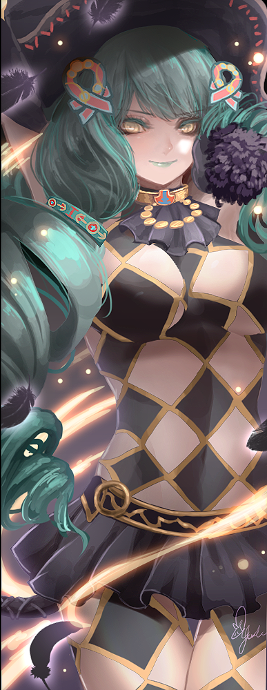 1girl argyle_clothes argyle_cutout black_gloves black_hat breasts cat_tail closed_mouth clothing_cutout commentary_request drill_hair elbow_gloves female_focus fiore_brunelli gloves green_hair hair_ornament hat kom_(water0371) large_breasts long_hair looking_at_viewer makeup miniskirt revealing_clothes skirt smile solo star_ocean star_ocean_integrity_and_faithlessness tail twin_drills witch witch_hat yellow_eyes