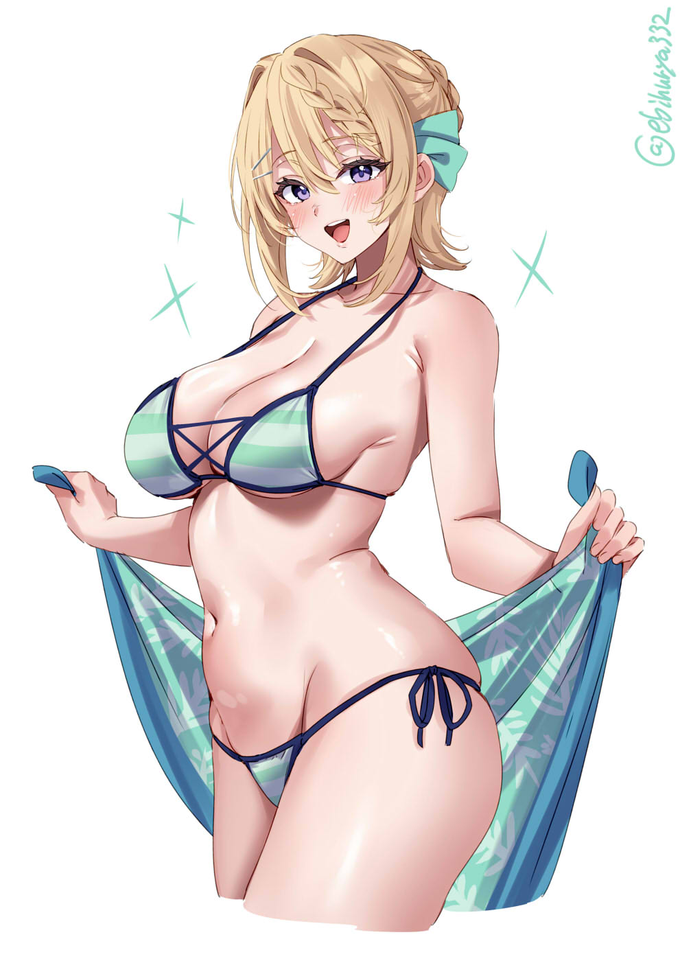 1girl artist_name bare_arms bare_shoulders bikini blonde_hair blue_eyes blush braid braided_bangs breasts cleavage commentary_request cross-laced_bikini cross-laced_clothes ebifurya green_bikini hair_between_eyes hair_ornament highres holding kantai_collection large_breasts looking_at_viewer navel one-hour_drawing_challenge open_mouth perth_(kancolle) perth_(swimsuit)_(kancolle) short_hair side-tie_bikini_bottom simple_background skindentation smile solo sparkle sparkling_aura stomach striped_bikini striped_clothes swimsuit teeth twitter_username upper_teeth_only white_background