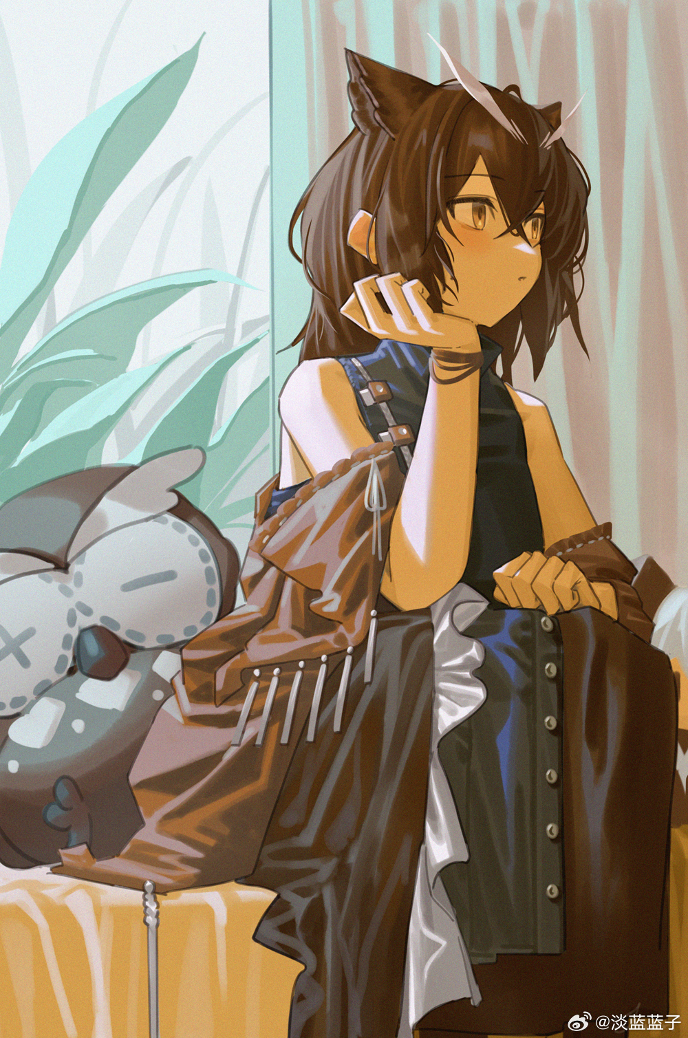 1girl animal_ears arknights bare_shoulders bird_ears black_dress bracelet brown_eyes brown_hair brown_jacket buttons character_doll chinese_commentary clenched_hand closed_mouth commentary_request doll dress feet_out_of_frame hair_between_eyes hand_on_own_chin highres indoors jacket jacket_partially_removed jewelry lanzi_(415460661) light_blush light_frown long_dress medium_hair on_bed plant potted_plant rhine_lab_logo ribbon-trimmed_jacket silence_(arknights) silence_the_paradigmatic_(arknights) silence_the_paradigmatic_(habitat)_(arknights) sitting sleeveless sleeveless_dress solo stuffed_animal stuffed_owl stuffed_toy thinking watermark weibo_watermark