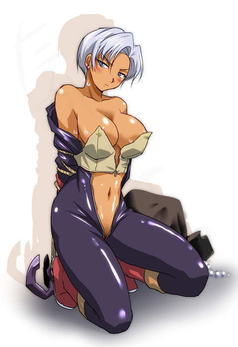 1girl arms_behind_back bag bare_shoulders black_bodysuit blue_eyes blush bodysuit boots bound bound_arms breasts cleavage collarbone commentary_request dark-skinned_female dark_skin dragon_quest dragon_quest_iii earrings grey_hair jewelry kneeling large_breasts looking_at_viewer navel open_bodysuit open_clothes short_hair solo sweat takahashi_takeshi thief_(dq3)