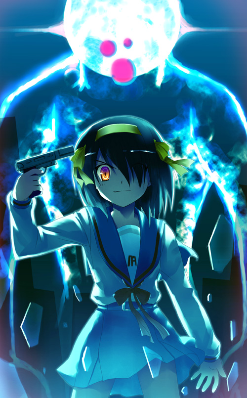 1girl atlus brown_hair celestial_(haruhi) celestial_(suzumiya_haruhi) evoker female_focus gun gun_to_head holding holding_gun holding_weapon parody persona persona_3 school_uniform serafuku short_hair solo suicide suzumiya_haruhi suzumiya_haruhi_no_yuuutsu weapon zono_(rinkara-sou)