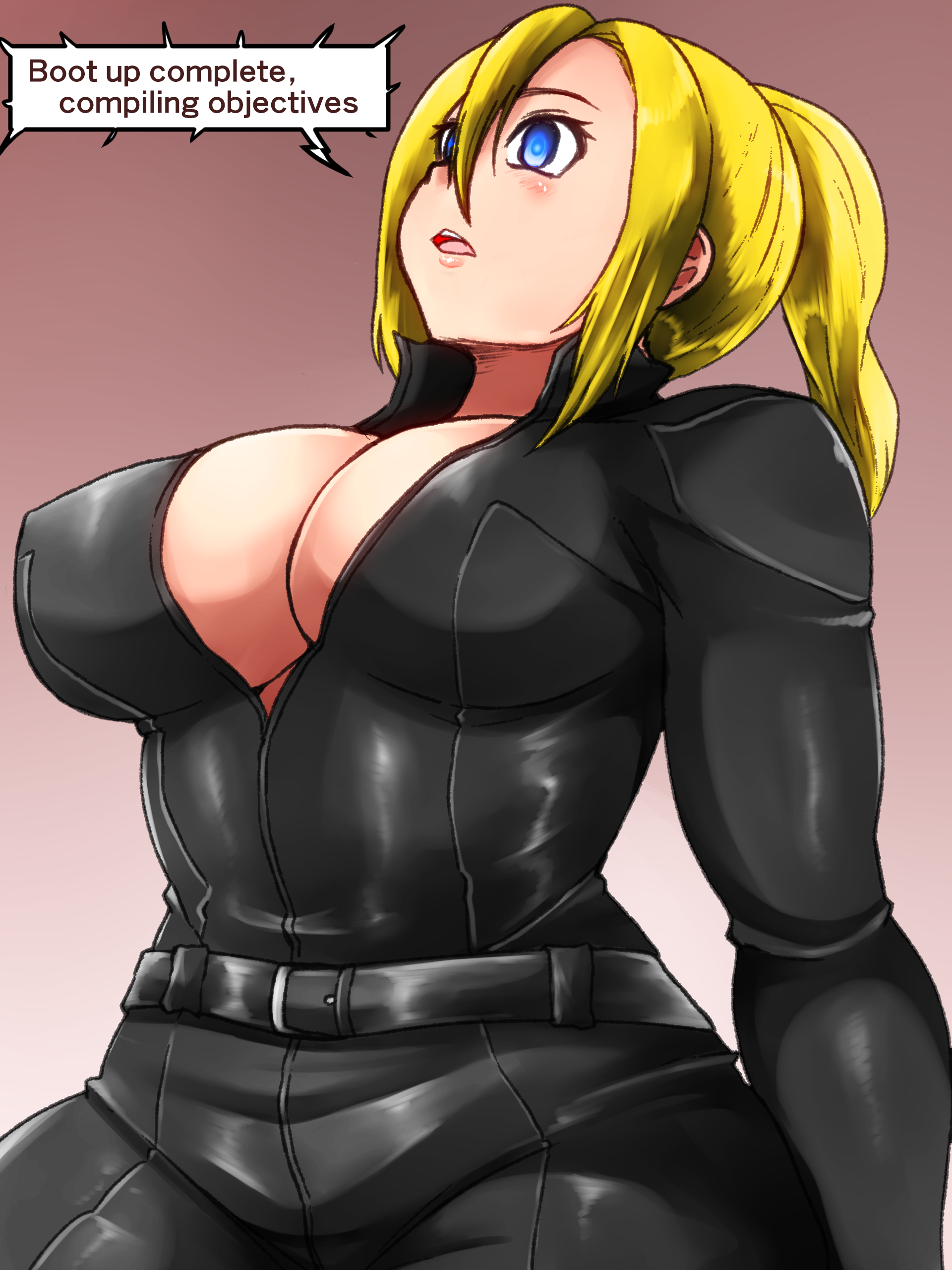 1girl absurdres android blonde_hair blue_eyes breasts commission english_text glowing glowing_eyes highres isna_(footprintsofisna) jumpsuit large_breasts non-web_source pixiv_commission t-800 terminator_(series) the_terminator