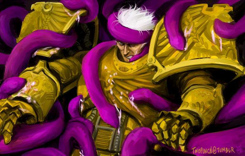 1boy armor chaos_(warhammer) commentary cum frown gold_armor grey_eyes imperial_fists imperium_of_man male_focus ornate_armor power_armor primarch removing_armor rogal_dorn scowl short_hair solo tentacle_grab tentacles tentacles_on_male the_auric_armor twopunch undressing_another upper_body warhammer_40k white_hair
