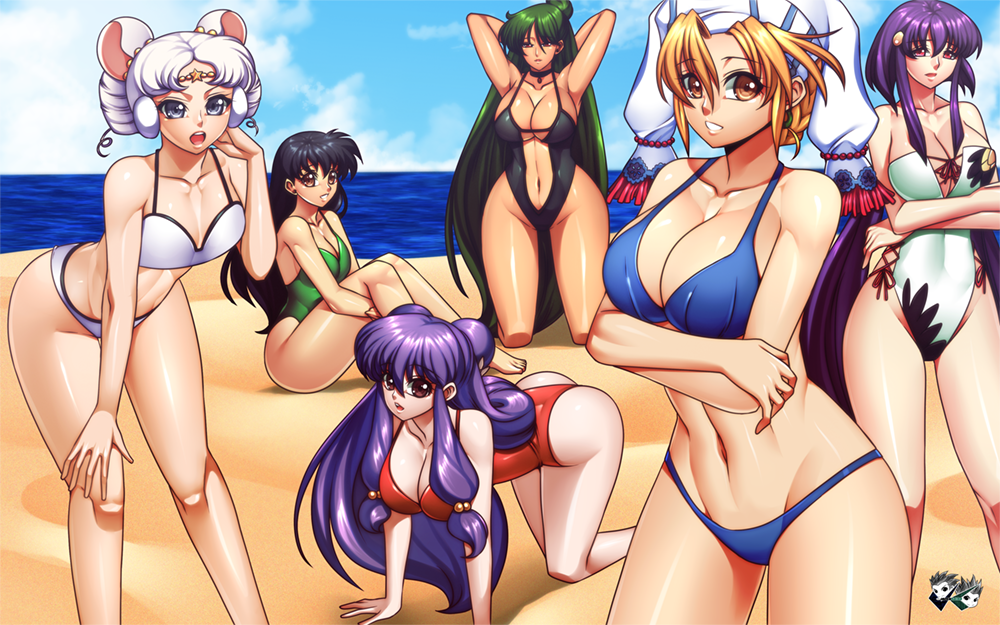 6+girls all_fours animal_ears armpits arms_behind_head beach bikini bishoujo_senshi_sailor_moon bishoujo_senshi_sailor_moon_sailor_stars black_hair black_one-piece_swimsuit blonde_hair blue_bikini blue_sky breast_hold breasts casual_one-piece_swimsuit center_opening cleavage cloud crossover dark-skinned_female dark_skin day elena_(grandia) grandia grandia_ii green_hair green_one-piece_swimsuit harem higurashi_kagome hugging_own_legs inuyasha jadenkaiba kneeling large_breasts leaning_forward long_hair masaki_aeka_jurai medium_breasts meiou_setsuna mouse_ears multiple_crossover multiple_girls navel ocean one-piece_swimsuit outdoors purple_hair ranma_1/2 red_one-piece_swimsuit sailor_iron_mouse sailor_pluto shampoo_(ranma_1/2) short_hair sitting sky small_breasts standing strapless swimsuit tenchi_muyou! underboob very_long_hair white_bikini white_hair