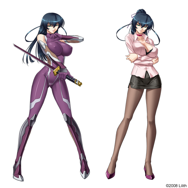 00s 1girl 2008 alternate_costume arm_grab bare_shoulders black_bra black_pantyhose blue_hair bodysuit boots bra breast_hold breasts brown_thighhighs casual choker cleavage collarbone copyright_name covered_erect_nipples crossed_arms dress_shirt dual_persona elbow_gloves female_focus fishnets full_body gloves green_eyes hair_between_eyes hair_ribbon head_tilt high_heels hip_focus holding igawa_asagi impossible_clothes kagami_hirotaka katana large_breasts legs lingerie long_hair long_legs looking_at_viewer mecha_pilot_suit miniskirt ninja official_art open_clothes open_shirt pantyhose pencil_skirt plugsuit_(evangelion) purple_bodysuit reference_sheet ribbon shirt shoes simple_background skin_tight skirt standing sword taimanin_(series) taimanin_asagi thigh_boots thighhighs thighs turtleneck underwear watermark weapon white_background