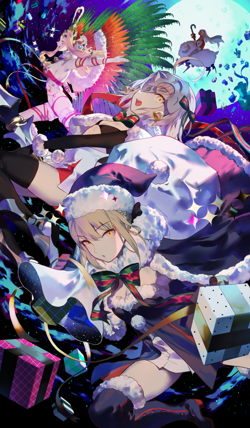 4girls altera_(fate) altera_the_santa_(fate) armored_boots artoria_pendragon_(fate) bikini black_bikini black_boots black_bow black_cape black_dress black_gloves black_hat black_santa_costume black_sleeves black_thighhighs blonde_hair boots bow bowtie box breasts candy candy_cane cape capelet christmas cleavage closed_eyes commentary detached_sleeves dress fake_wings falling fate/grand_order fate_(series) feather_hair_ornament feathered_wings feathers flying food full_moon fur-trimmed_boots fur-trimmed_cape fur-trimmed_capelet fur-trimmed_dress fur-trimmed_gloves fur-trimmed_headwear fur_trim gift gift_box gloves green_bow green_bowtie hair_bow hair_ornament hat headpiece holding holding_polearm holding_sack holding_weapon jeanne_d&#039;arc_alter_santa_lily_(fate) long_hair long_sidelocks looking_at_viewer medium_breasts midair moon multiple_girls night official_art open_mouth parted_lips photon_ray_(fate) pleated_skirt polearm pom_pom_(clothes) quetzalcoatl_(fate) quetzalcoatl_(samba/santa)_(fate) red_bikini red_bow red_bowtie red_ribbon revealing_clothes ribbon riding riding_animal saber_alter sack salmon88 santa_alter santa_bikini santa_costume santa_dress santa_hat sheep short_dress short_hair sideboob sidelocks skirt sleeveless sleeveless_dress small_breasts sparkle star_(symbol) star_on_cheek strapless strapless_dress striped_bow striped_bowtie striped_clothes swimsuit teeth thigh_boots thighhighs third-party_source two-tone_bow two-tone_bowtie unmoving_pattern upper_teeth_only weapon white_bag white_capelet white_skirt wings yellow_eyes zerco_(fate)