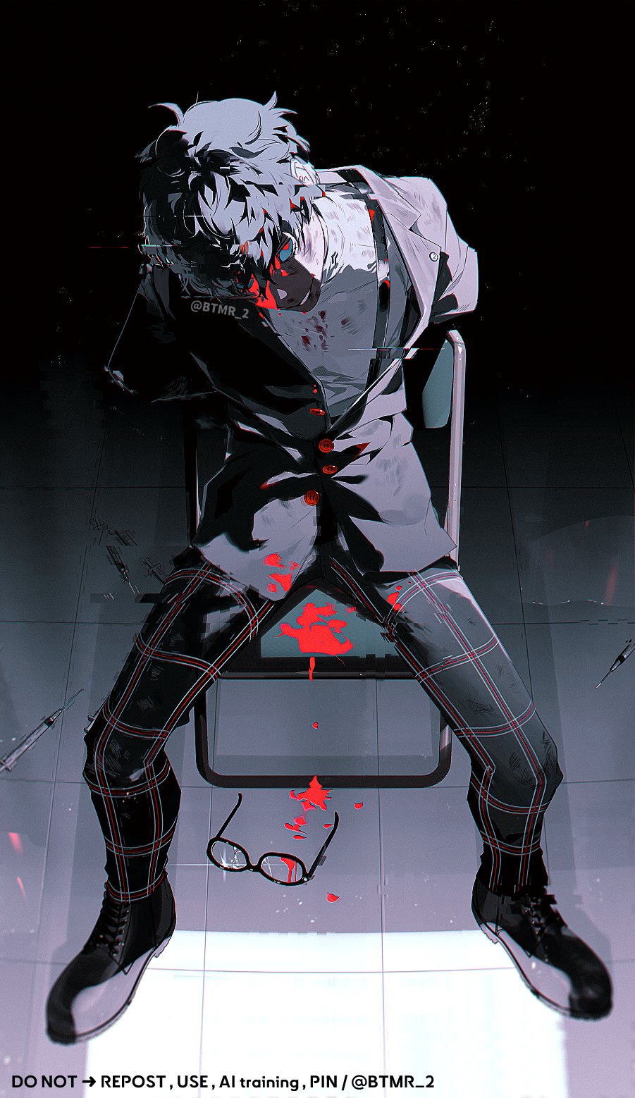 1boy amamiya_ren arms_behind_back black_hair black_jacket black_shoes blood blood_on_clothes blood_on_face broken_eyewear btmr_game chair folding_chair full_body glasses glitch grin hair_between_eyes highres jacket looking_at_viewer male_focus pants persona persona_5 plaid_clothes plaid_pants red_eyes school_uniform shoes shuujin_academy_school_uniform sitting smile solo syringe twitter_username