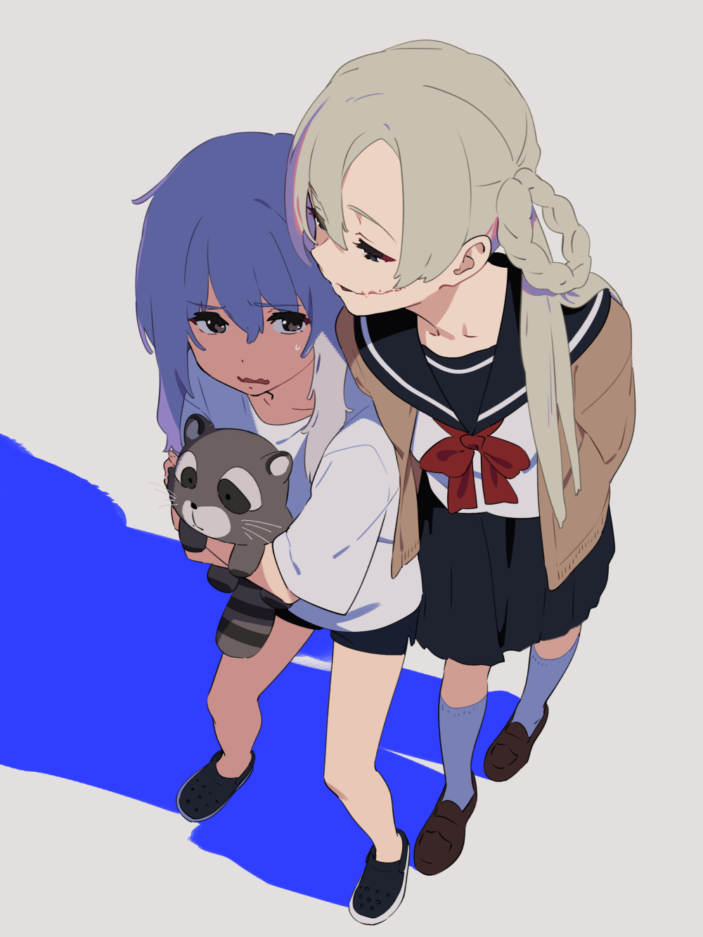 2girls blue_background braid glasgow_smile highres hugging_doll hugging_object kamo_kamen kneehighs kozakura_(urasekai_picnic) light looking_at_another multiple_girls scar scar_on_face school_uniform shadow socks standing stitched_face stitches urasekai_picnic urumi_luna wavy_mouth white_background
