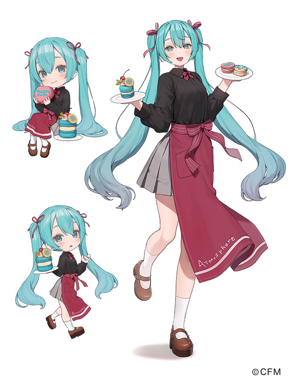 1girl :d apron aqua_eyes aqua_hair black_shirt bow bowtie brick_wall chibi copyright_name double-parted_bangs food full_body gradient_hair grey_hair hair_ribbon hamunezuko_(nezukonezu32) hatsune_miku highres holding holding_food holding_plate kneehighs long_hair macaron mary_janes multicolored_hair multiple_views open_mouth plant plate pleated_skirt potted_plant ribbon shirt shoes simple_background sitting skirt smile socks solo standing standing_on_one_leg twintails very_long_hair vocaloid walking white_background