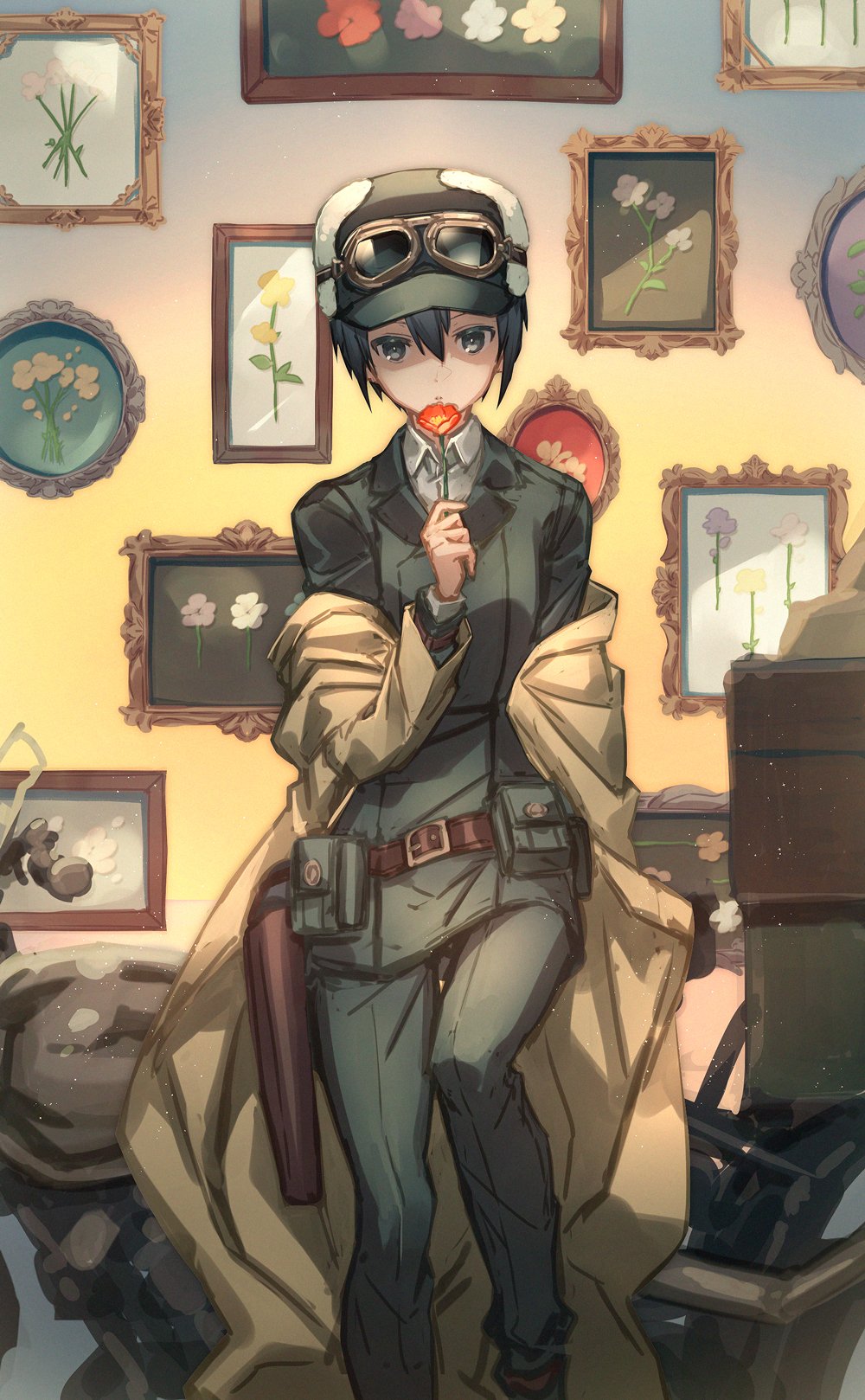 1girl androgynous beige_coat belt belt_pouch black_hair coat commentary english_commentary flower fur_hat goggles goggles_on_headwear hat hermes_(kino_no_tabi) highres holding holding_flower jacket kino_(kino_no_tabi) kino_no_tabi long_sleeves looking_at_viewer mito_itsuki motor_vehicle motorcycle open_clothes open_coat painting_(object) pants parted_lips pouch red_flower reverse_trap short_hair solo