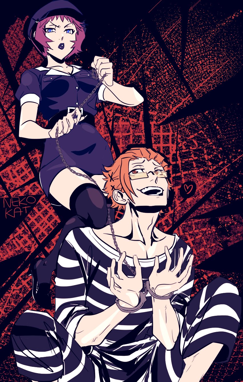 1boy 1girl belt beret black_footwear black_lips blue_eyes breasts chain collarbone cuffs domination dominatrix eyebrows glasses handcuffs hat hetero high_heels highres kariya_koki leggings lipstick makeup open_mouth orange_hair pink_hair police police_uniform policewoman prison_clothes prisoner rectangular_eyewear red_background short_hair smile subarashiki_kono_sekai yashiro_uzuki