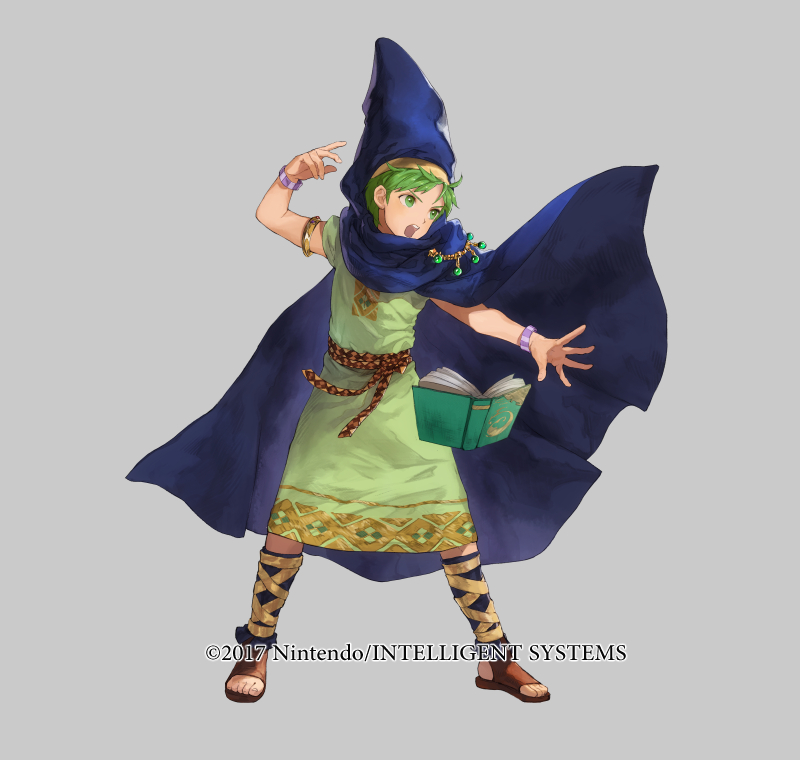1boy belt book bracelet cape copyright_notice fire_emblem fire_emblem:_mystery_of_the_emblem fire_emblem_heroes full_body green_eyes green_hair grey_background hood jewelry leaf male_focus mayo_(becky2006) merric_(changing_winds)_(fire_emblem) merric_(fire_emblem) nintendo official_art open_mouth sandals solo teeth wizard