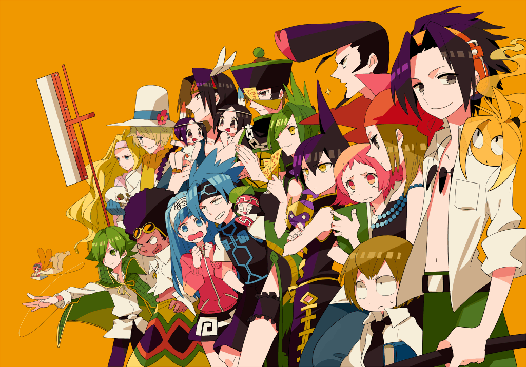 6+boys 6+girls alternate_skin_color amidamaru asakura_yoh bandana bason black_hair blonde_hair blue_hair brown_eyes brown_hair china_dress chinese_clothes chocolove_mcdonell dress eliza_(shaman_king) everyone fairy gloves green_hair group_picture group_profile gum_(gmng) gumidemo_kandero hairband headphones husband_and_wife jewelry jiangshi johann_faust_viii kororo kyouyama_anna lee_bailong lineup lip_(shaman_king) long_hair looking_to_the_side lyserg_diethel md5_mismatch morphine multiple_boys multiple_girls necklace ofuda orange_background oyamada_manta pink_eyes pink_hair profile rap_(shaman_king) shaman_king short_hair silva_(shaman_king) simple_background sword talisman tamamura_tamao tao_jun tao_ren umemiya_ryuunosuke usui_horokeu usui_pirika weapon yellow_eyes zombie