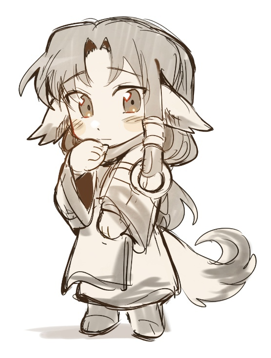 1girl animal_ears aquaplus black_hair blush breasts brown_eyes chibi eruruu full_body hair_ornament leorlontyan long_hair long_sleeves looking_at_viewer monochrome parted_bangs sidelocks sketch small_breasts solo standing tail utawarerumono very_long_hair wide_sleeves